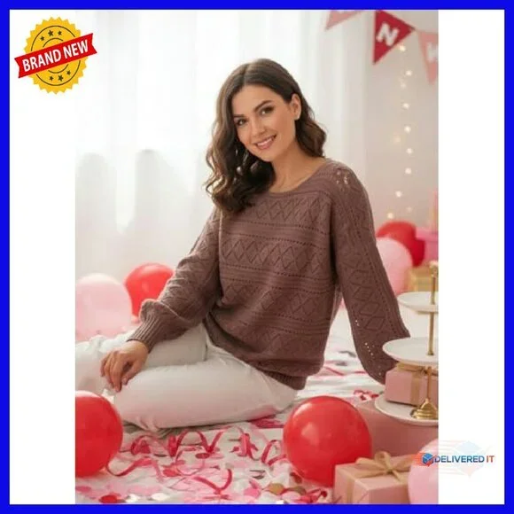 Crochet Boat Neck Long Sleeve Sweater Loose Fit Cozy Fall Winter - Picture 3 of 8